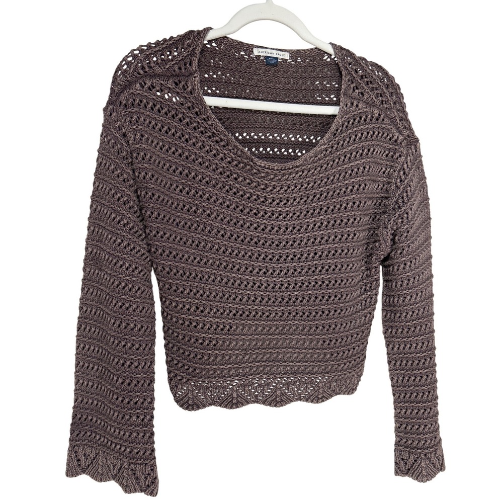 American Eagle Crochet Knit Scalloped Hem Cropped Sweater Brown Size Medium Boho